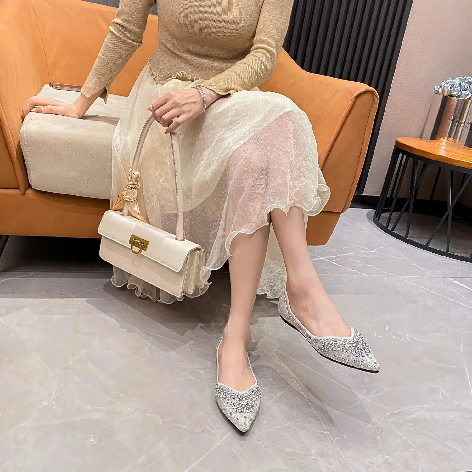 Flats Shoes Women Rhinestone Sequin Wedding Pointed Toe Dress Flat Shoes Comfortable Flats for Women Dressy