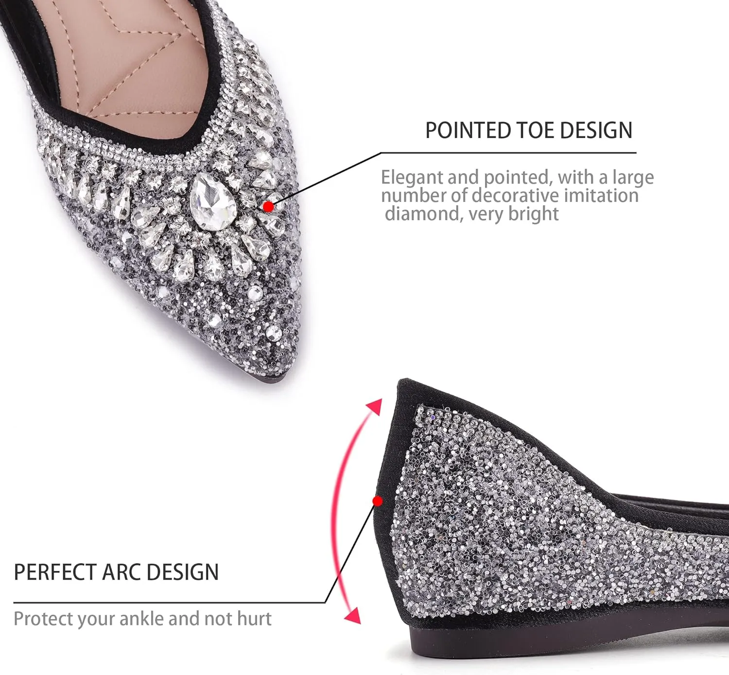 Flats Shoes Women Rhinestone Sequin Wedding Pointed Toe Dress Flat Shoes Comfortable Flats for Women Dressy