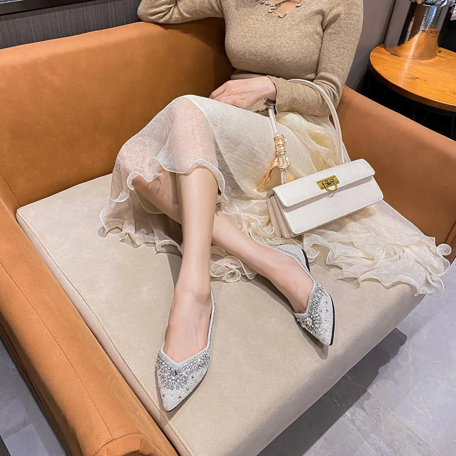 Flats Shoes Women Rhinestone Sequin Wedding Pointed Toe Dress Flat Shoes Comfortable Flats for Women Dressy