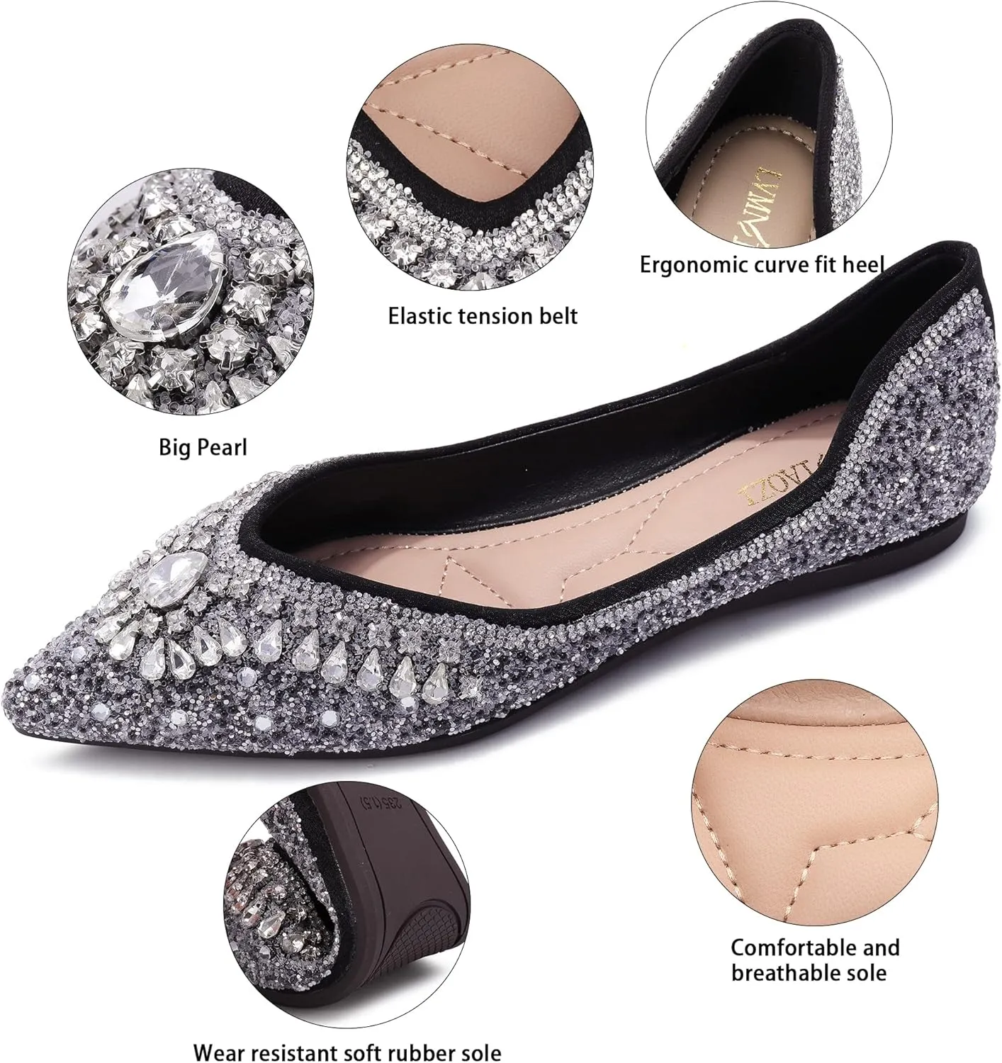 Flats Shoes Women Rhinestone Sequin Wedding Pointed Toe Dress Flat Shoes Comfortable Flats for Women Dressy