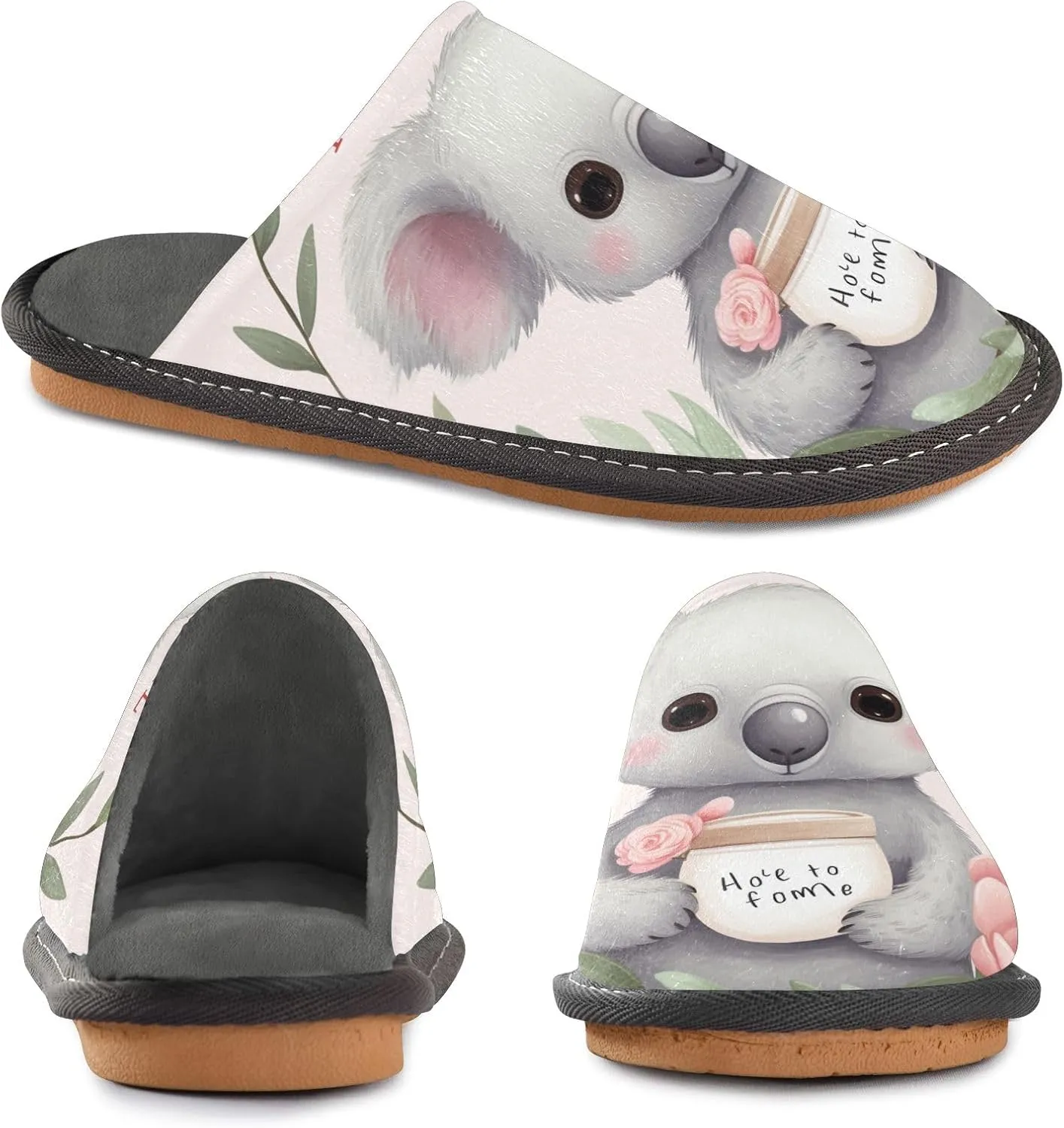 Floral Koala House Slippers, Non Slip Slippers for Women Men Warm Slippers House Shoes Indoor Outdoor Slippers