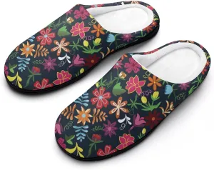 Floral Mexican Embroidery Birds Pattern Slippers for Women Girls Warm Plush Indoor Outdoor Shoes Non Slip