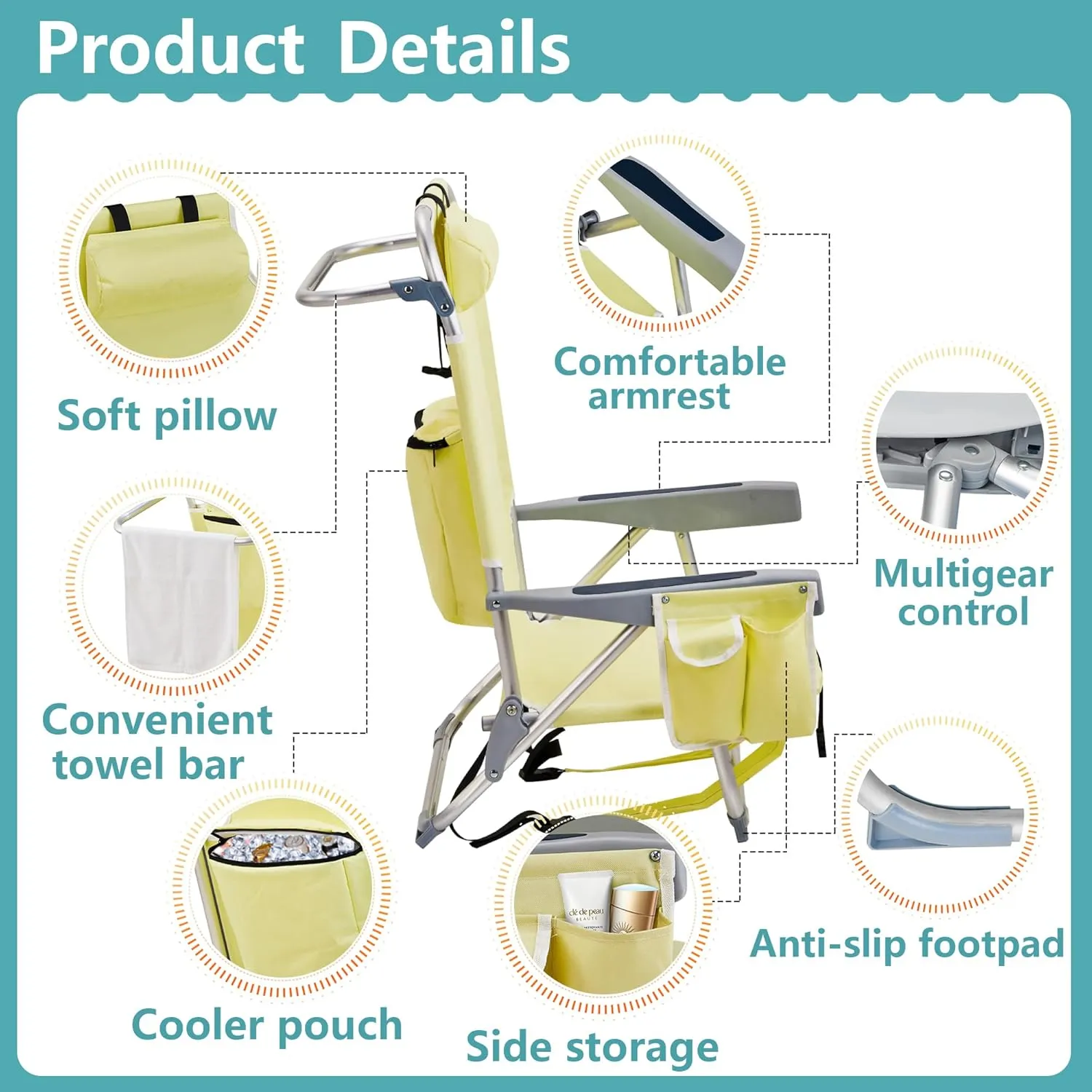 Folding Beach Chair with 350LBS Capacity, Portable Backpack Chair with 5 Position Reclining, Compact Lay Flat Foldable Chair for Pool, Patio, Outdoor Concert Travel and Camping(Yellow-Normal)