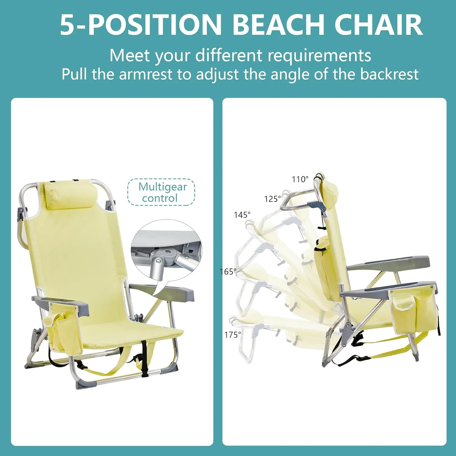 Folding Beach Chair with 350LBS Capacity, Portable Backpack Chair with 5 Position Reclining, Compact Lay Flat Foldable Chair for Pool, Patio, Outdoor Concert Travel and Camping(Yellow-Normal)