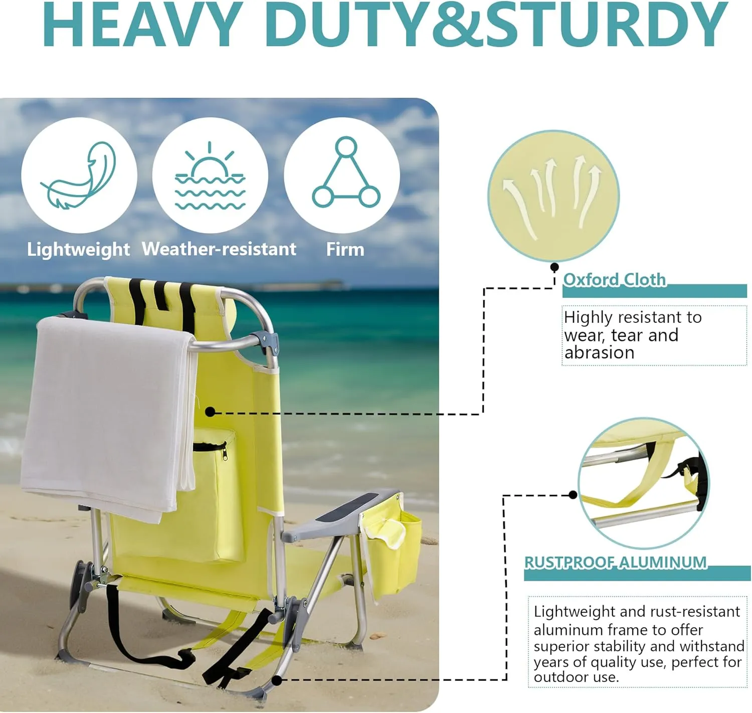 Folding Beach Chair with 350LBS Capacity, Portable Backpack Chair with 5 Position Reclining, Compact Lay Flat Foldable Chair for Pool, Patio, Outdoor Concert Travel and Camping(Yellow-Normal)