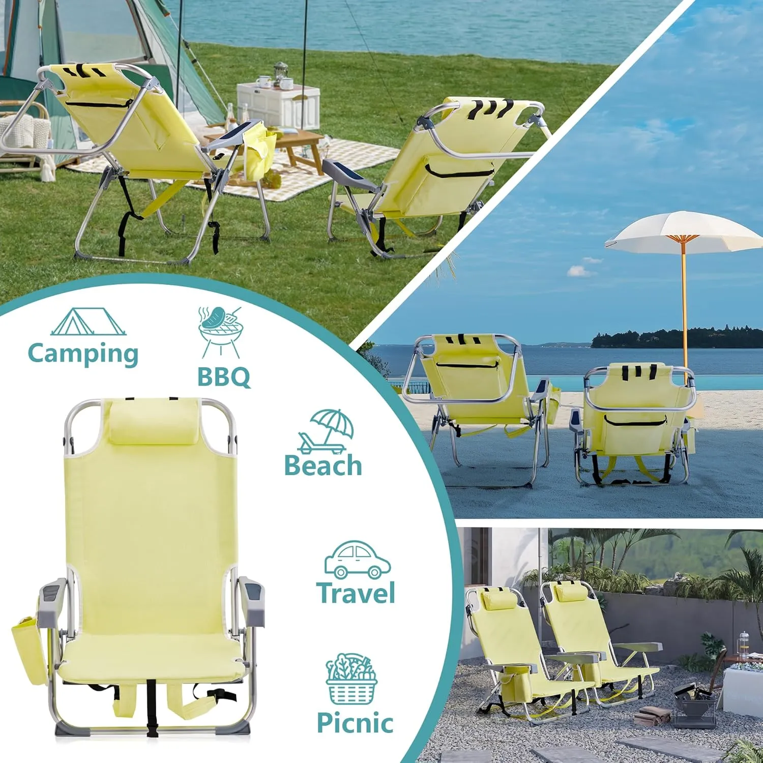 Folding Beach Chair with 350LBS Capacity, Portable Backpack Chair with 5 Position Reclining, Compact Lay Flat Foldable Chair for Pool, Patio, Outdoor Concert Travel and Camping(Yellow-Normal)