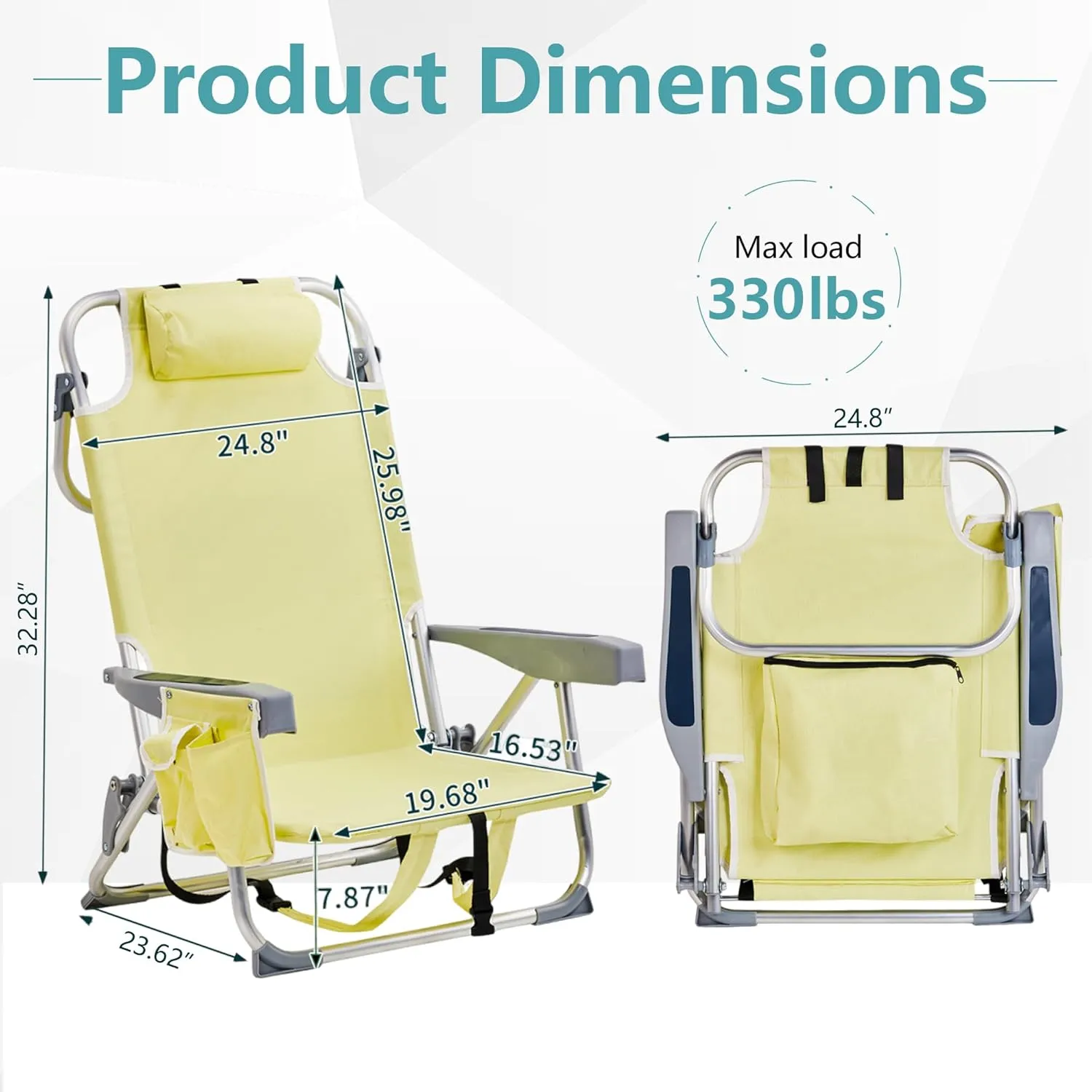 Folding Beach Chair with 350LBS Capacity, Portable Backpack Chair with 5 Position Reclining, Compact Lay Flat Foldable Chair for Pool, Patio, Outdoor Concert Travel and Camping(Yellow-Normal)