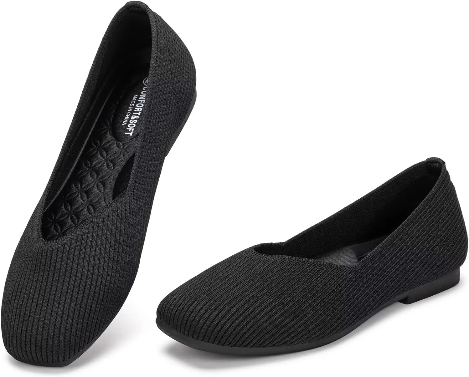 Frank Mully Womens Wide Flat Shoes Square Toe Shoes Knitted Work Flats Comfortable Women Shoes Comfortable Women Shoes