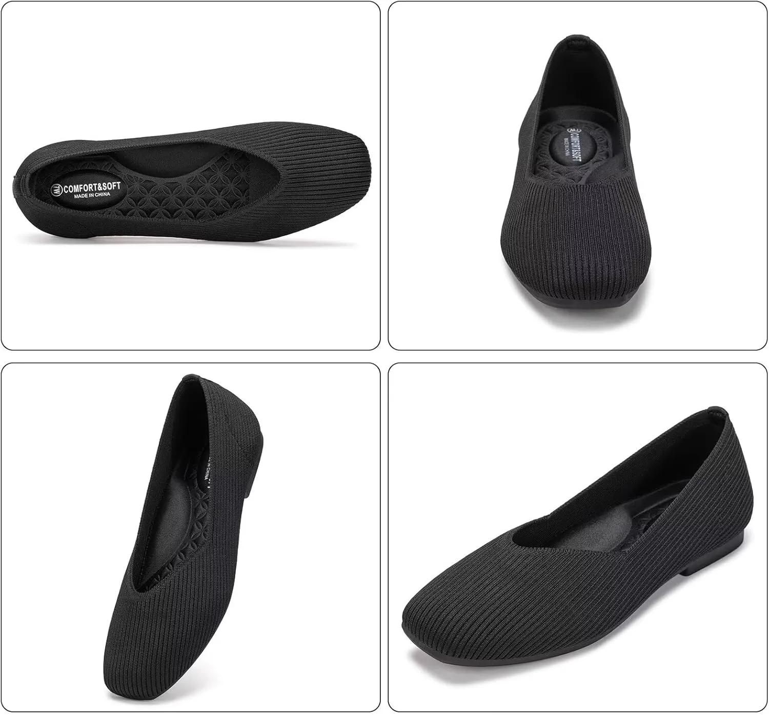 Frank Mully Womens Wide Flat Shoes Square Toe Shoes Knitted Work Flats Comfortable Women Shoes Comfortable Women Shoes