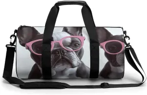 French Bulldog Pink Glasses Cylindrical Gym Bag Travel Duffel Bag with Dry Wet Separated Pocket for Men And Women Overnight Bag Weekender Bag Training Handbag Yoga Bag