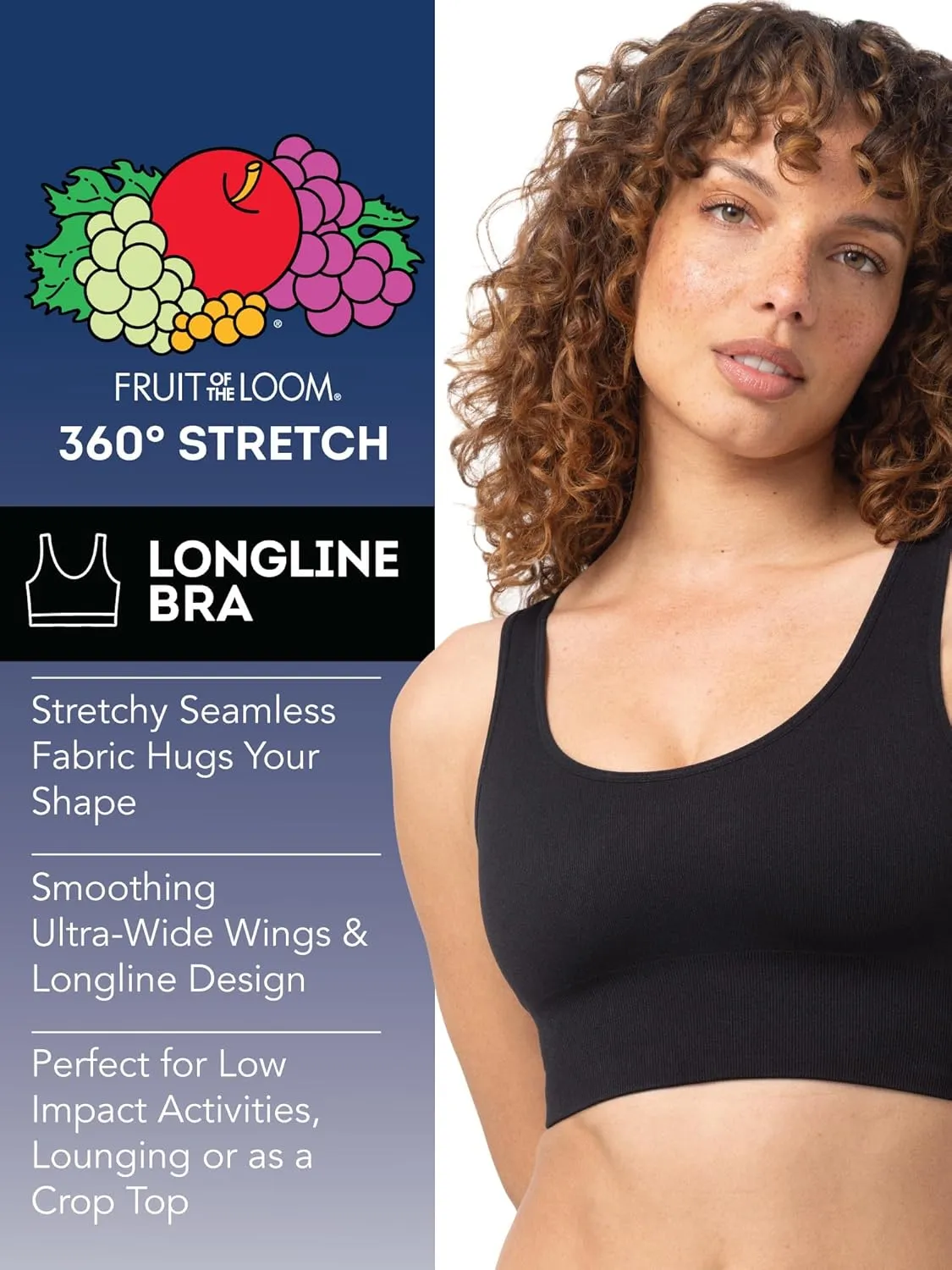 Fruit of the Loom Women's 360 Stretch Longline Sport, Comfortable Wireless Bras, Seamless Full-Coverage for a Natural Shape