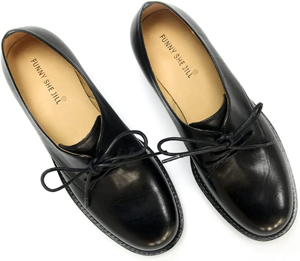 FSJ Women Leather Classic Lace up Flat Oxford Low Heel Round Toe Casual Dress Pump Shoes Size 4-12 US