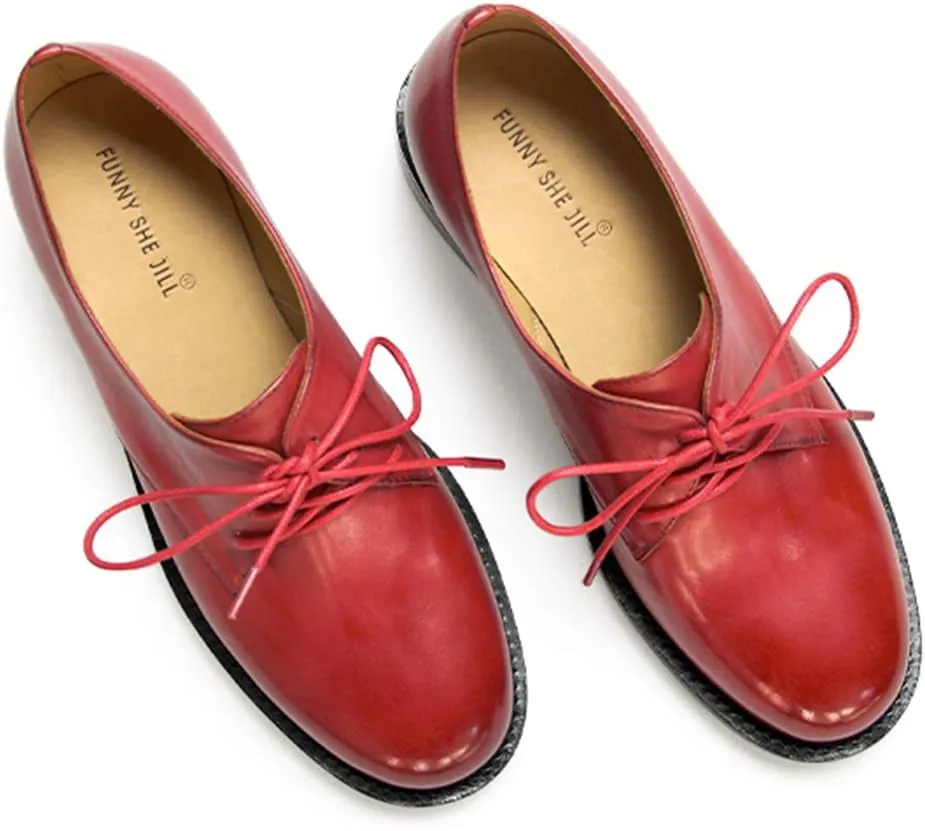 FSJ Women Leather Classic Lace up Flat Oxford Low Heel Round Toe Casual Dress Pump Shoes Size 4-12 US