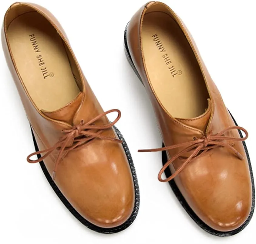 FSJ Women Leather Classic Lace up Flat Oxford Low Heel Round Toe Casual Dress Pump Shoes Size 4-12 US