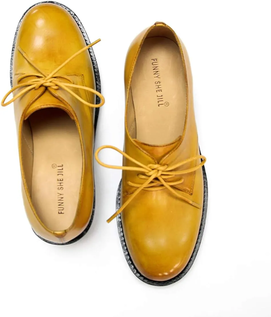 FSJ Women Leather Classic Lace up Flat Oxford Low Heel Round Toe Casual Dress Pump Shoes Size 4-12 US