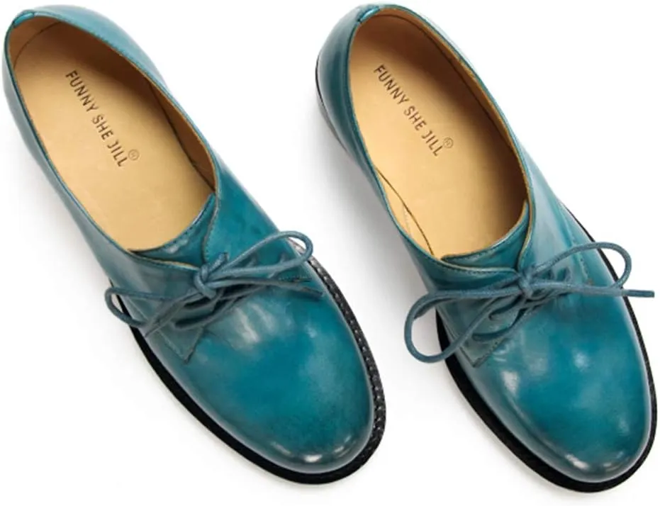 FSJ Women Leather Classic Lace up Flat Oxford Low Heel Round Toe Casual Dress Pump Shoes Size 4-12 US