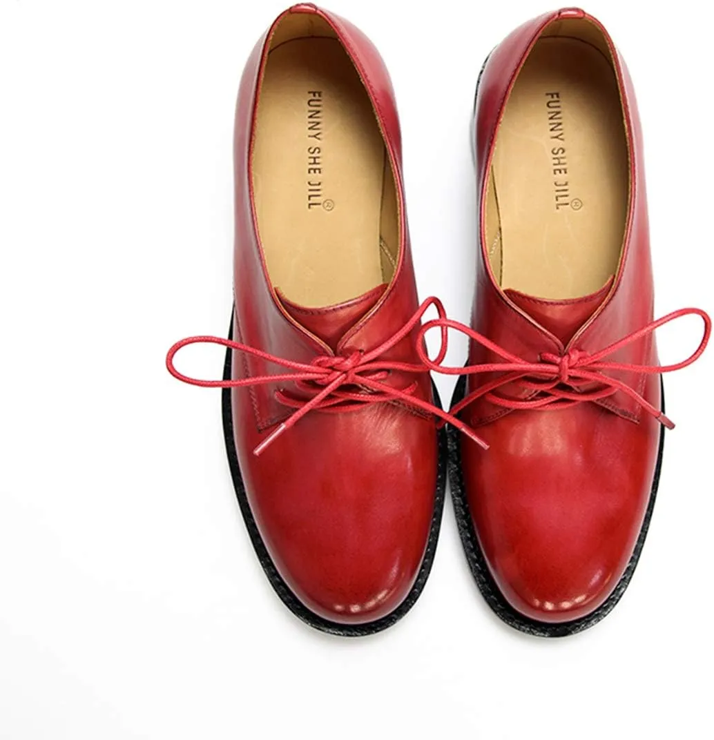 FSJ Women Leather Classic Lace up Flat Oxford Low Heel Round Toe Casual Dress Pump Shoes Size 4-12 US