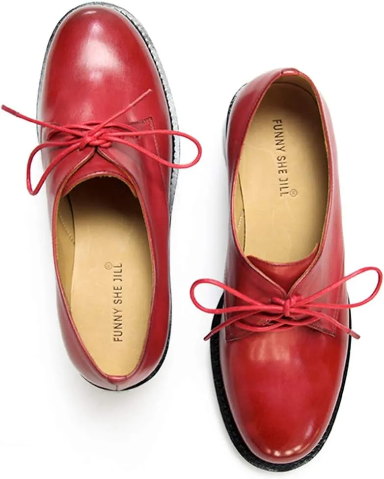 FSJ Women Leather Classic Lace up Flat Oxford Low Heel Round Toe Casual Dress Pump Shoes Size 4-12 US