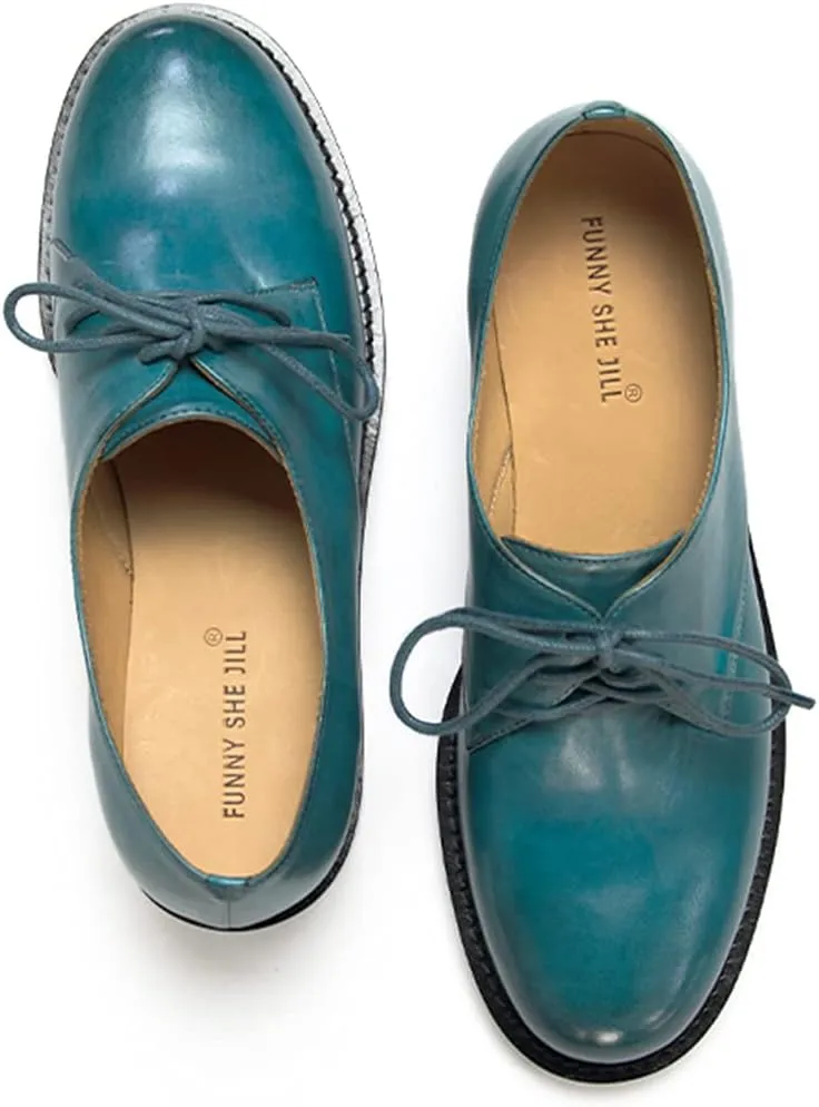 FSJ Women Leather Classic Lace up Flat Oxford Low Heel Round Toe Casual Dress Pump Shoes Size 4-12 US