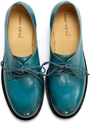 FSJ Women Leather Classic Lace up Flat Oxford Low Heel Round Toe Casual Dress Pump Shoes Size 4-12 US