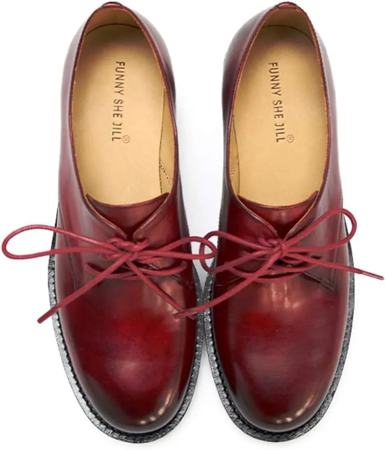 FSJ Women Leather Classic Lace up Flat Oxford Low Heel Round Toe Casual Dress Pump Shoes Size 4-12 US