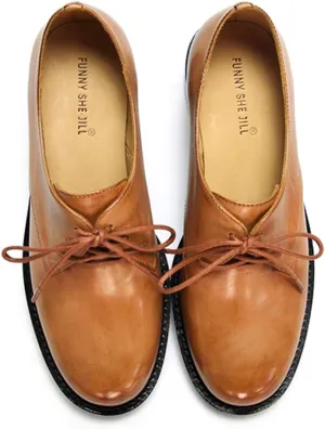 FSJ Women Leather Classic Lace up Flat Oxford Low Heel Round Toe Casual Dress Pump Shoes Size 4-12 US