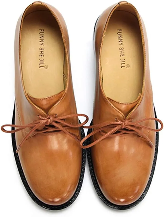 FSJ Women Leather Classic Lace up Flat Oxford Low Heel Round Toe Casual Dress Pump Shoes Size 4-12 US