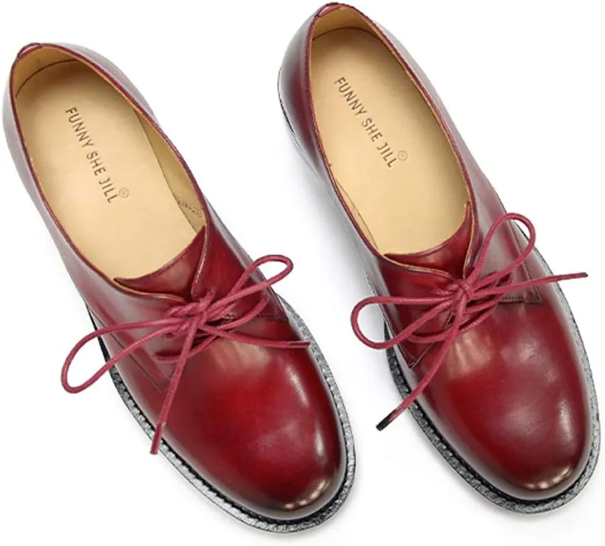 FSJ Women Leather Classic Lace up Flat Oxford Low Heel Round Toe Casual Dress Pump Shoes Size 4-12 US