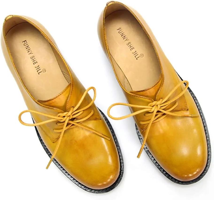 FSJ Women Leather Classic Lace up Flat Oxford Low Heel Round Toe Casual Dress Pump Shoes Size 4-12 US