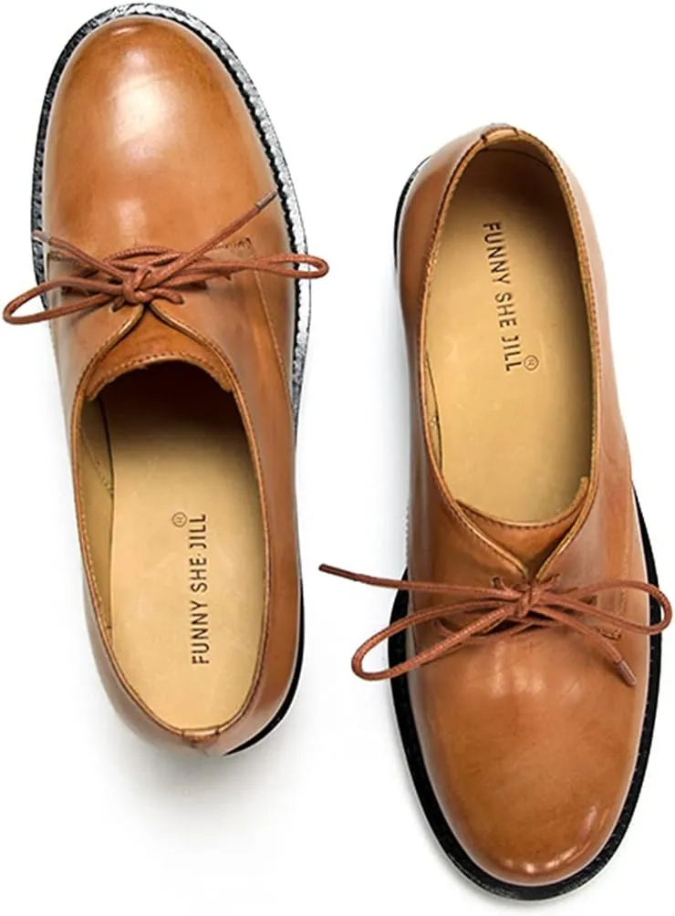 FSJ Women Leather Classic Lace up Flat Oxford Low Heel Round Toe Casual Dress Pump Shoes Size 4-12 US
