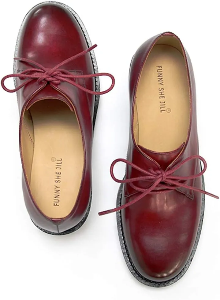 FSJ Women Leather Classic Lace up Flat Oxford Low Heel Round Toe Casual Dress Pump Shoes Size 4-12 US