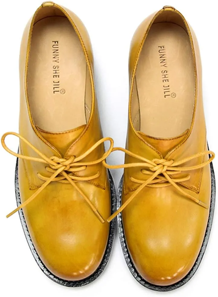 FSJ Women Leather Classic Lace up Flat Oxford Low Heel Round Toe Casual Dress Pump Shoes Size 4-12 US