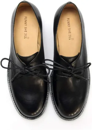 FSJ Women Leather Classic Lace up Flat Oxford Low Heel Round Toe Casual Dress Pump Shoes Size 4-12 US