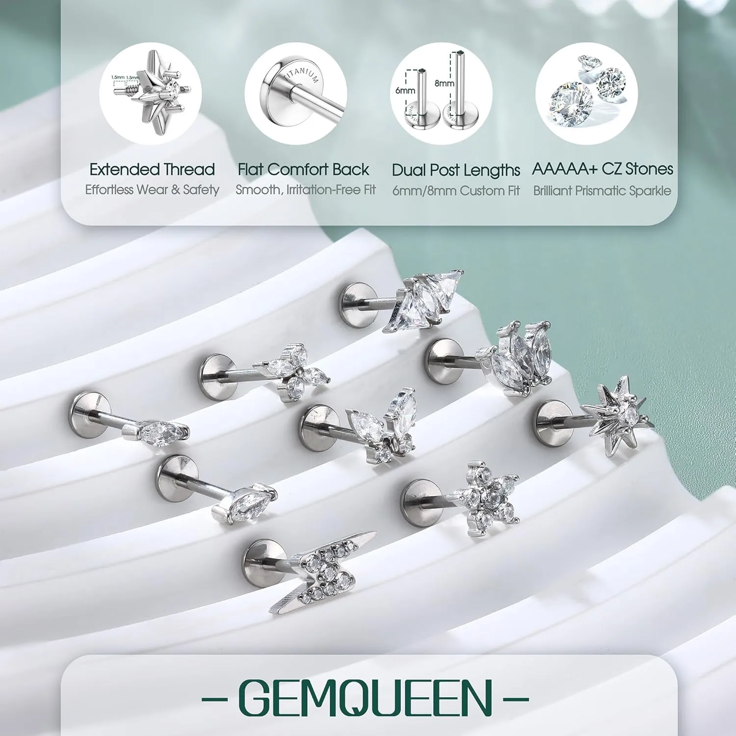 G23 Implant Grade Titanium Flat Back Earrings 5A CZ Studs: 14K Gold Hypoallergenic 3 Pcs 18G Internally Threaded Tragus Cartilage Conch Helix Piercing Jewelry for Sensitive Ears Women Men