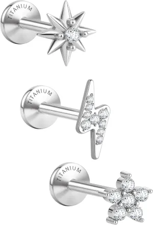 G23 Implant Grade Titanium Flat Back Earrings 5A CZ Studs: 14K Gold Hypoallergenic 3 Pcs 18G Internally Threaded Tragus Cartilage Conch Helix Piercing Jewelry for Sensitive Ears Women Men