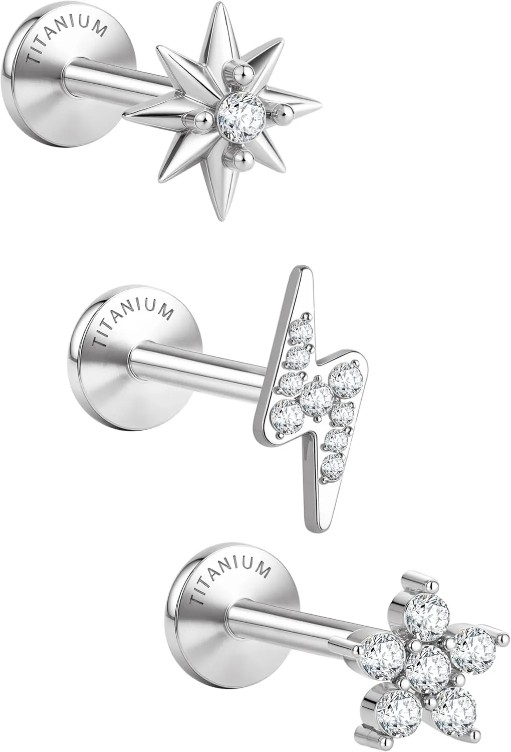G23 Implant Grade Titanium Flat Back Earrings 5A CZ Studs: 14K Gold Hypoallergenic 3 Pcs 18G Internally Threaded Tragus Cartilage Conch Helix Piercing Jewelry for Sensitive Ears Women Men
