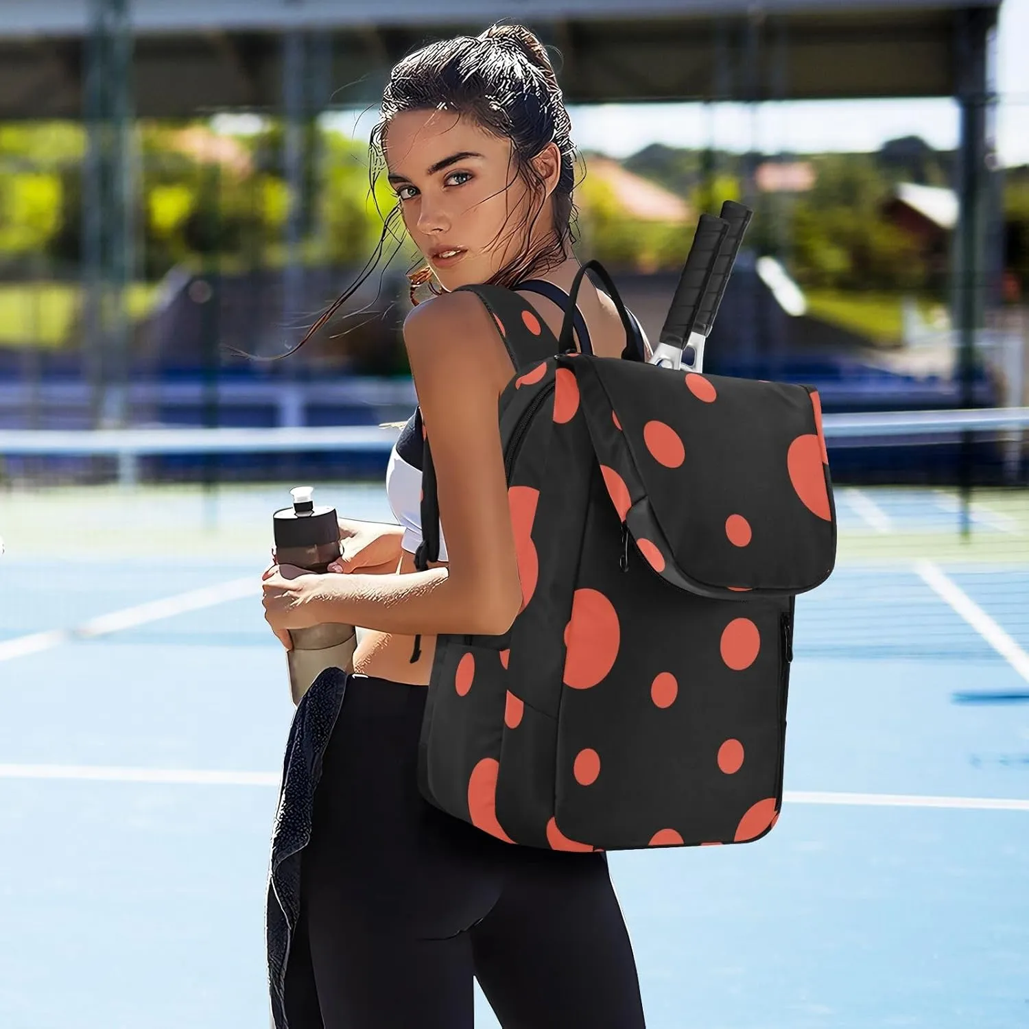 GAIGEO Red Polka Dot Black Tennis Racket Backpack, Expandable Tennis Stuff, Sandwich Mesh Back, Breathable and not Stuffy