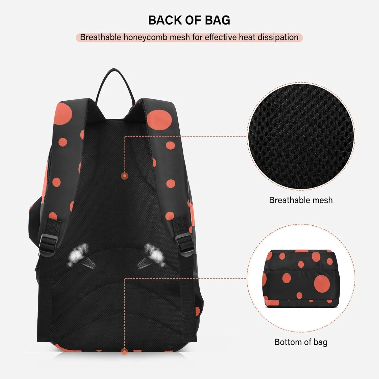 GAIGEO Red Polka Dot Black Tennis Racket Backpack, Expandable Tennis Stuff, Sandwich Mesh Back, Breathable and not Stuffy