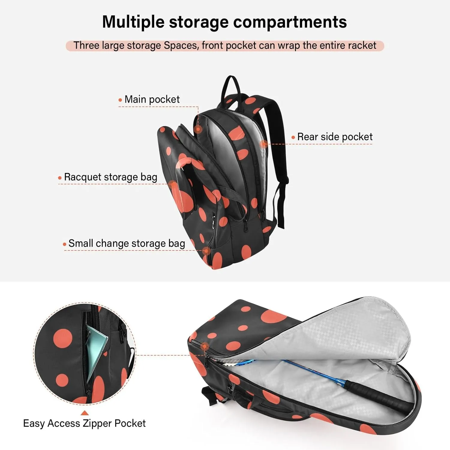 GAIGEO Red Polka Dot Black Tennis Racket Backpack, Expandable Tennis Stuff, Sandwich Mesh Back, Breathable and not Stuffy