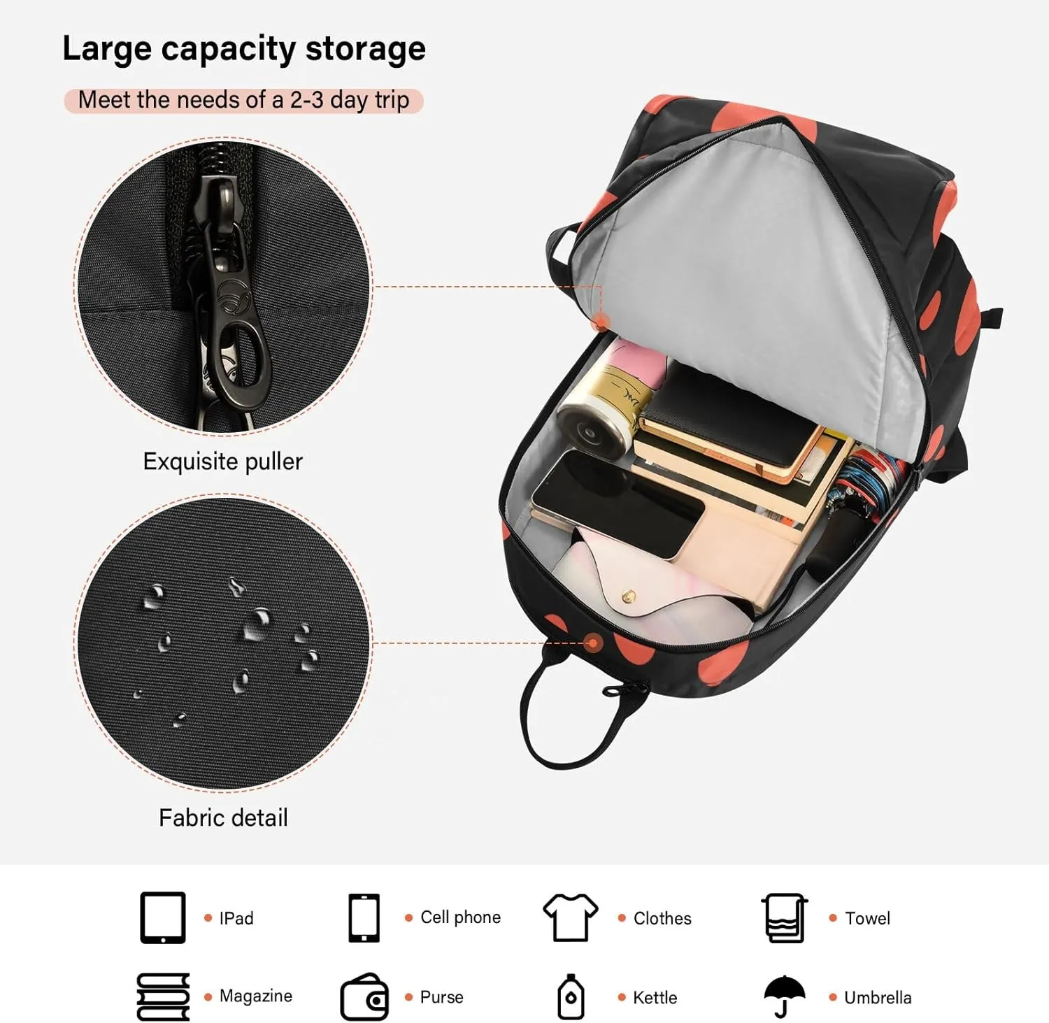 GAIGEO Red Polka Dot Black Tennis Racket Backpack, Expandable Tennis Stuff, Sandwich Mesh Back, Breathable and not Stuffy