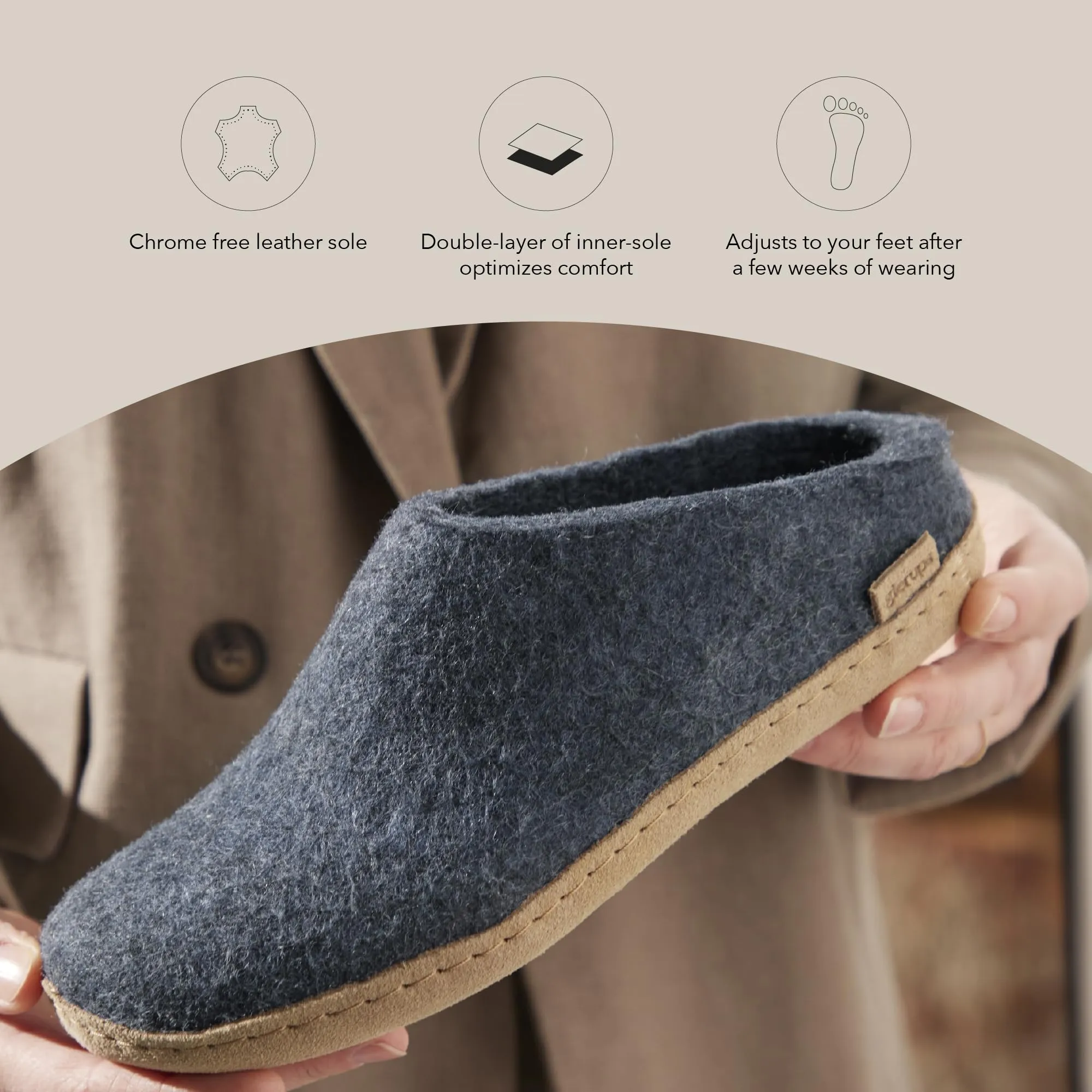 GLERUPS Slip On Slippers Women and Men with Rubber Sole | Unisex Slip-on Wool Slipper Shoes Women Men | Comfy Outdoor Indoor Slippers 7.5-8 Women/7.5-8 Men Blue
