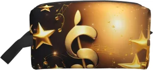 Gold Musical Note with Fallen Shiny Star Print Storage Bags Travel Cosmetic Organizer Bag Large Capacity Zippered Storage Pouch