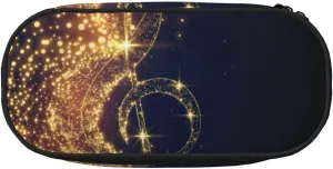Gold Musical Note with Fallen Shiny Star Print Travel Friendly Pen Pouch Pencil Bag Zipper Stationery Makeup Tool Office Supplies