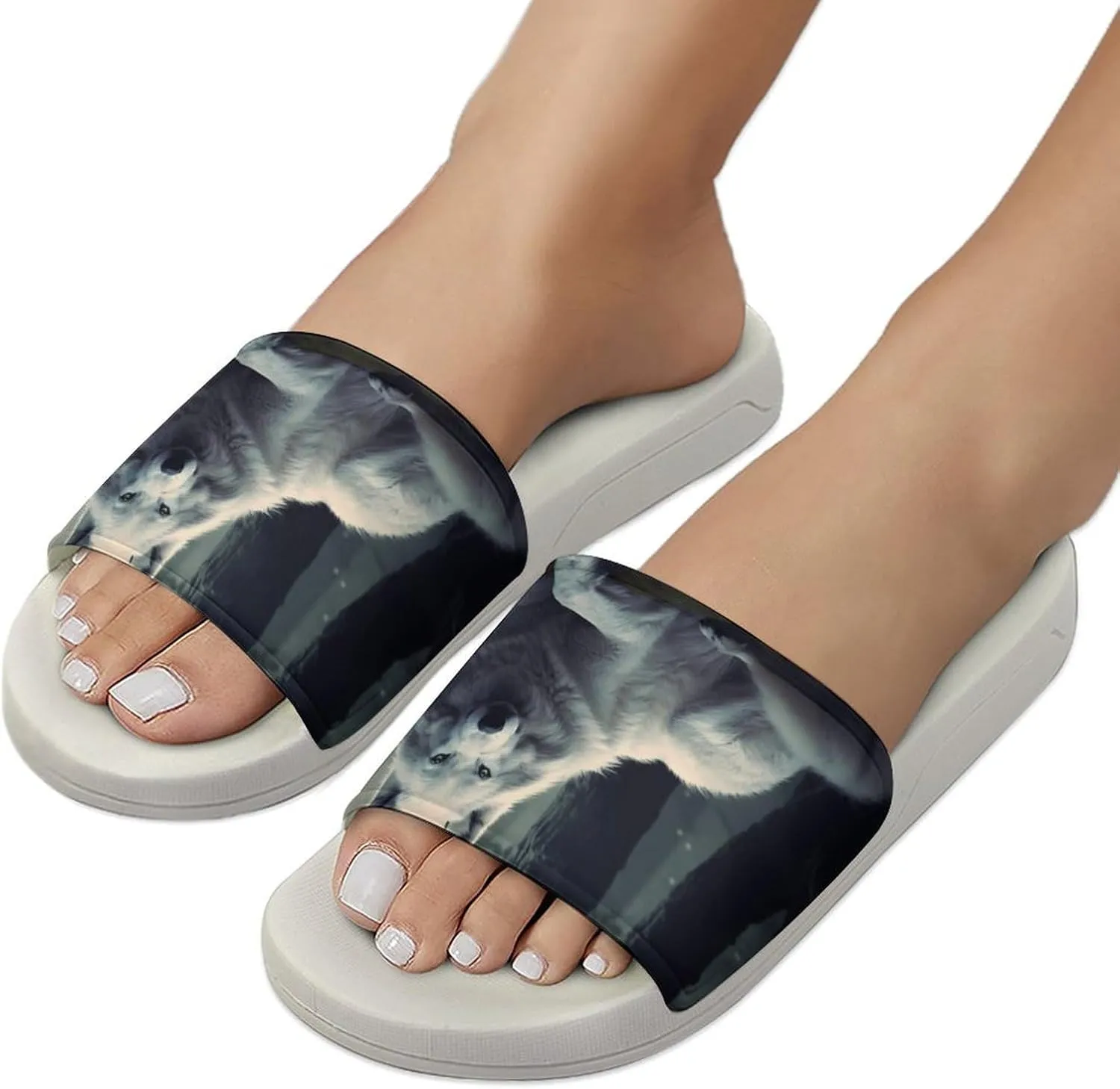 Goodaily White Wolf Wolves Open Toe Slippers for Women And Men Non Slip Shower Slippers Home Slippers