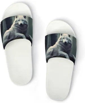 Goodaily White Wolf Wolves Open Toe Slippers for Women And Men Non Slip Shower Slippers Home Slippers