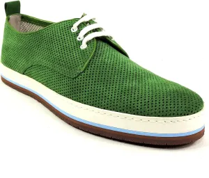 Goodman Italian Men's Perforated Suede Oxford Shoes, Green, Casual Summer Comfort, White Laces, Tricolor Sole, 41 EU