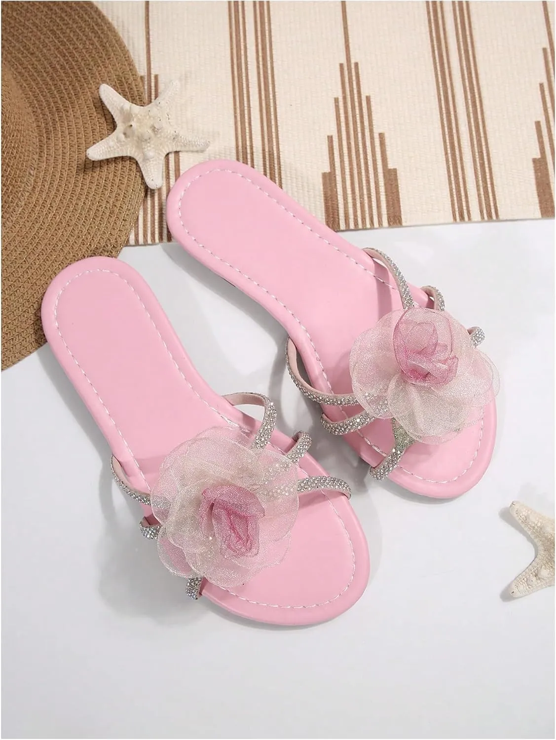 GORGLITTER Women's 3D Flower Sandals Dressy Criss Cross Floral Flat Sandals Square Open Toe Summer Beach Sandals