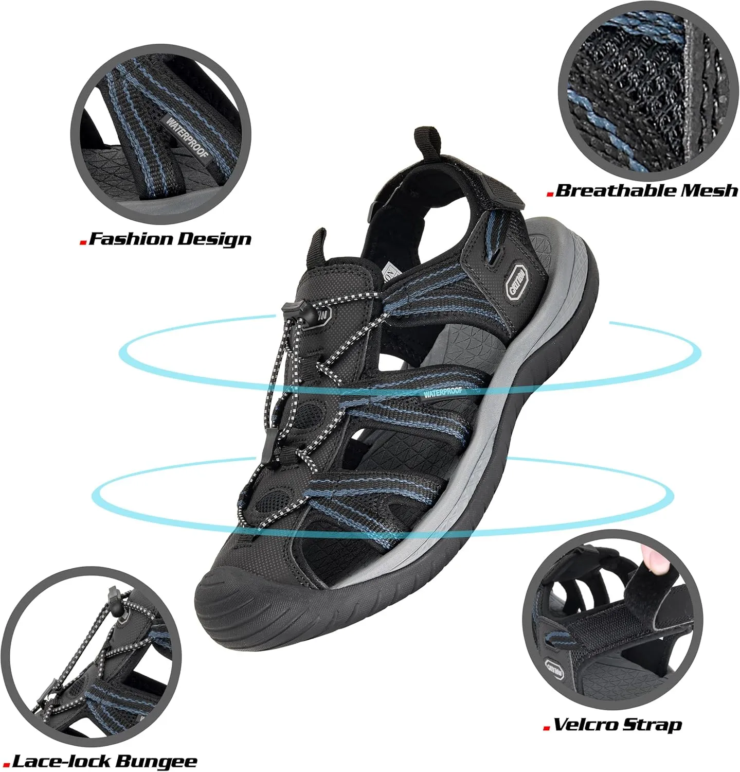 GRITION Mens Outdoor Hiking Sandals Summer Beach Closed Toe Water Sandal Waterproof Comfortable Fisherman Adventures Sport Athletic Walking Traveling Shoes Sandles