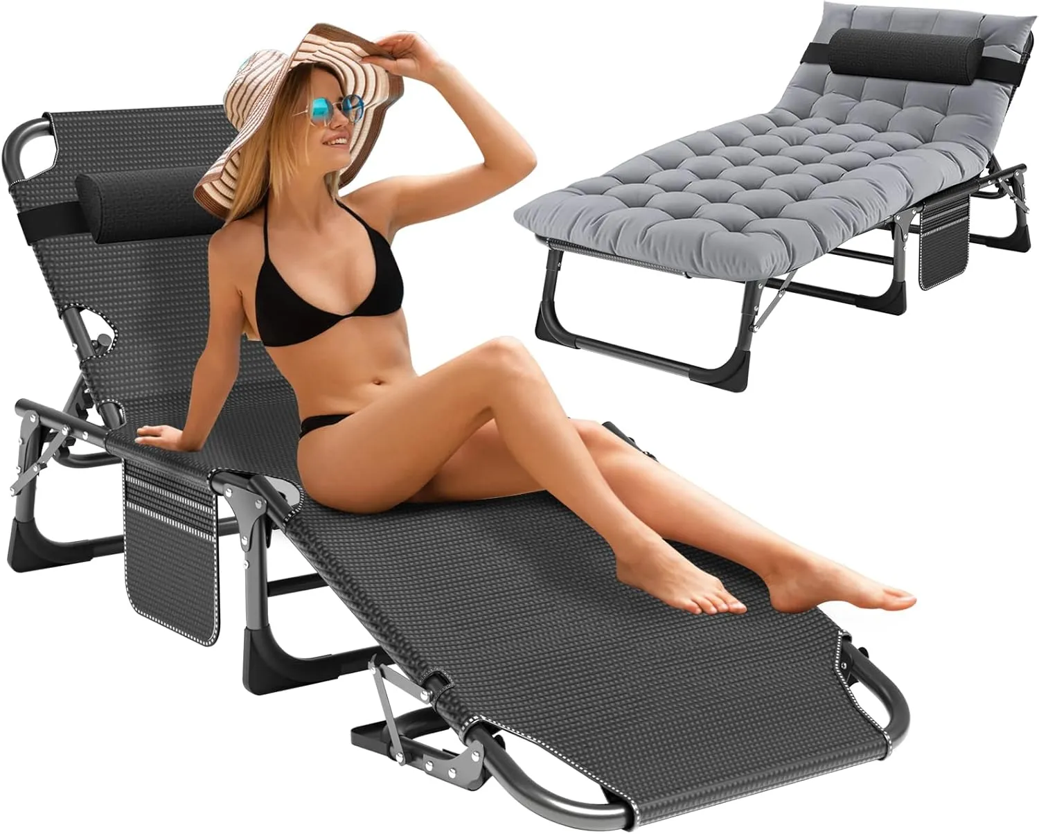 Heavy Duty Folding Camping Chair Adjustable Camping Recliner 5 Positions Portable Beach Lounge Chair with Removable Cushion, Support 500lbs for Adults
