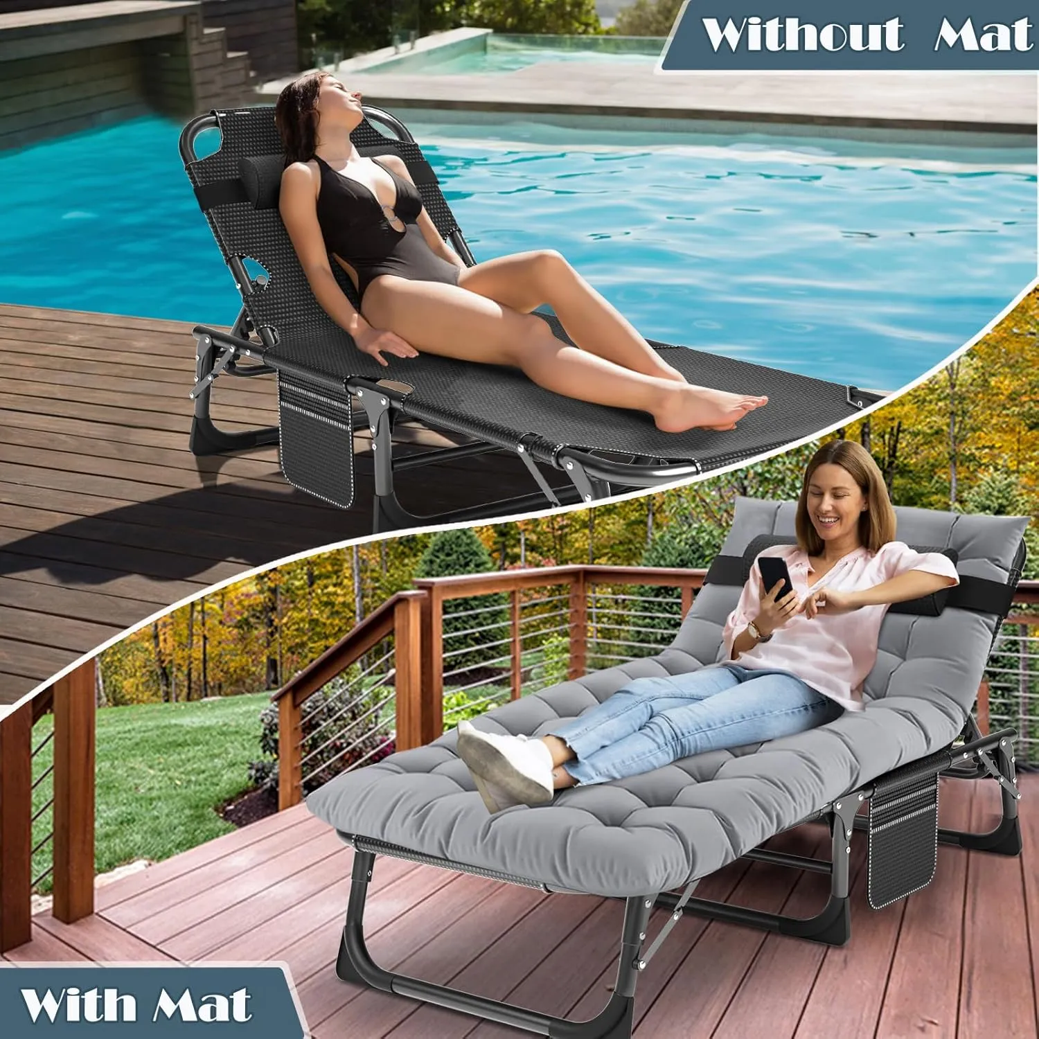 Heavy Duty Folding Camping Chair Adjustable Camping Recliner 5 Positions Portable Beach Lounge Chair with Removable Cushion, Support 500lbs for Adults